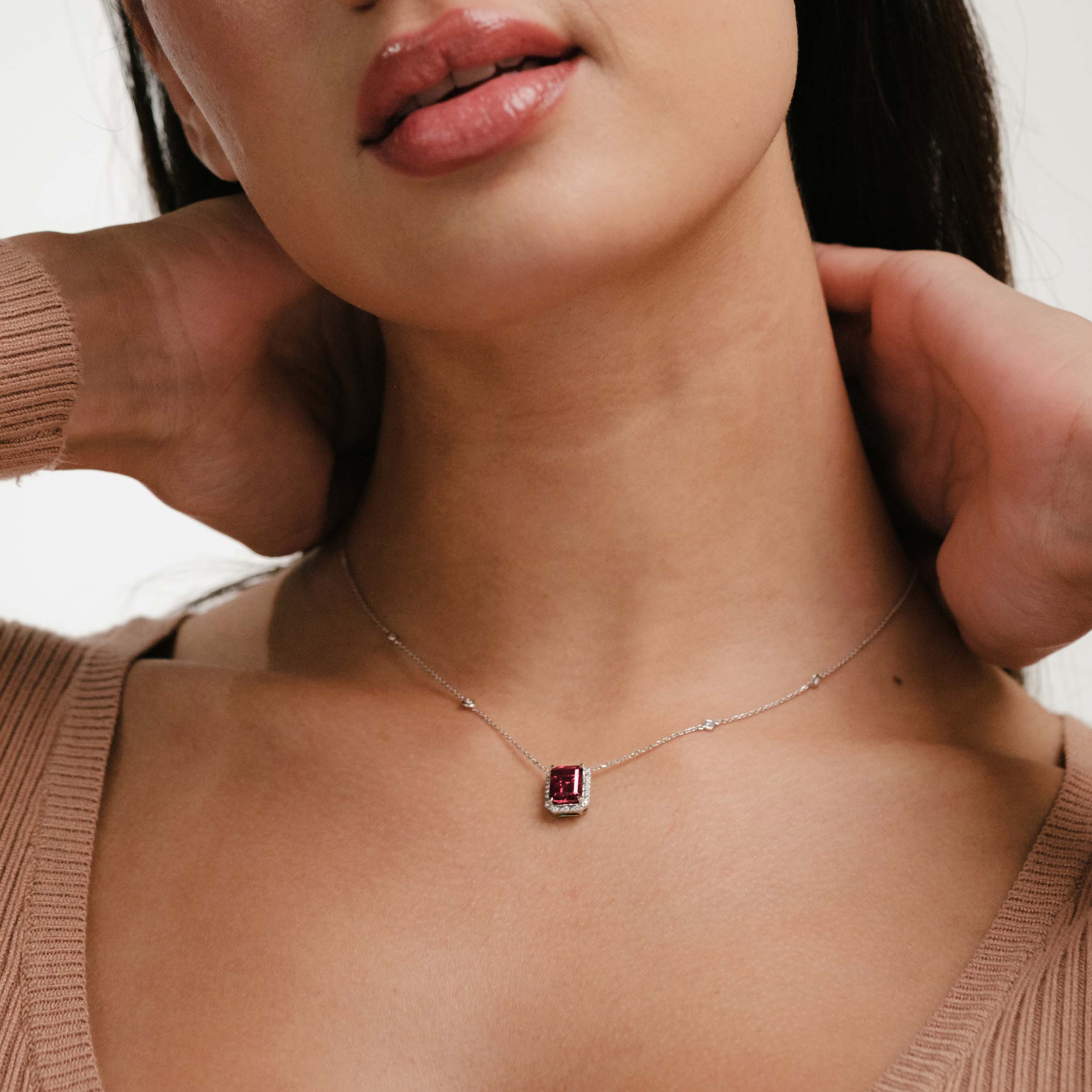 Astra 1.80ct Lab Ruby and Diamond Halo Octagon Cut Necklace in Silver